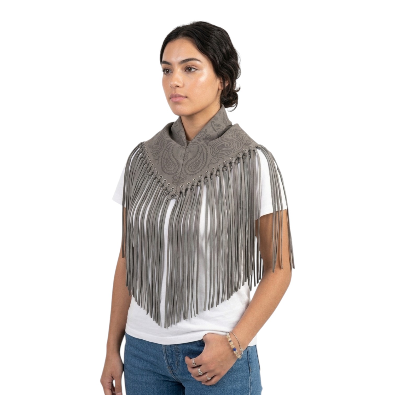 Signature Small Gri Deri Püsküllü Süet Şal 3 Signature Small Gri Deri Püsküllü Süet Şal - Görsel 2